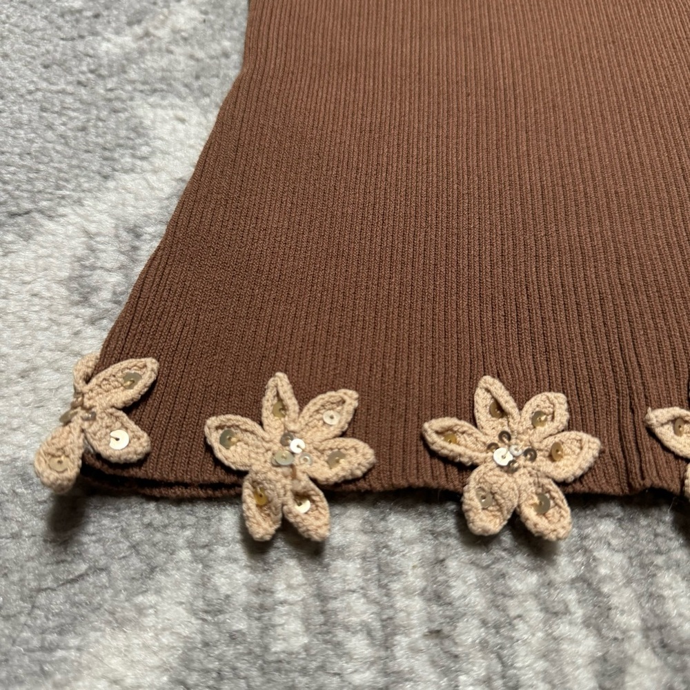 Color Works Brown Floral Sequin Embroidered Ribbed Compression Tank - Picture 2 of 7